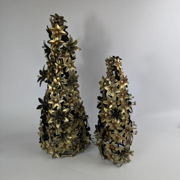 Extra Large Christmas Tree Holiday Centerpiece Decor Set 2 Gold Flowers Bronze - Picture 1 of 13